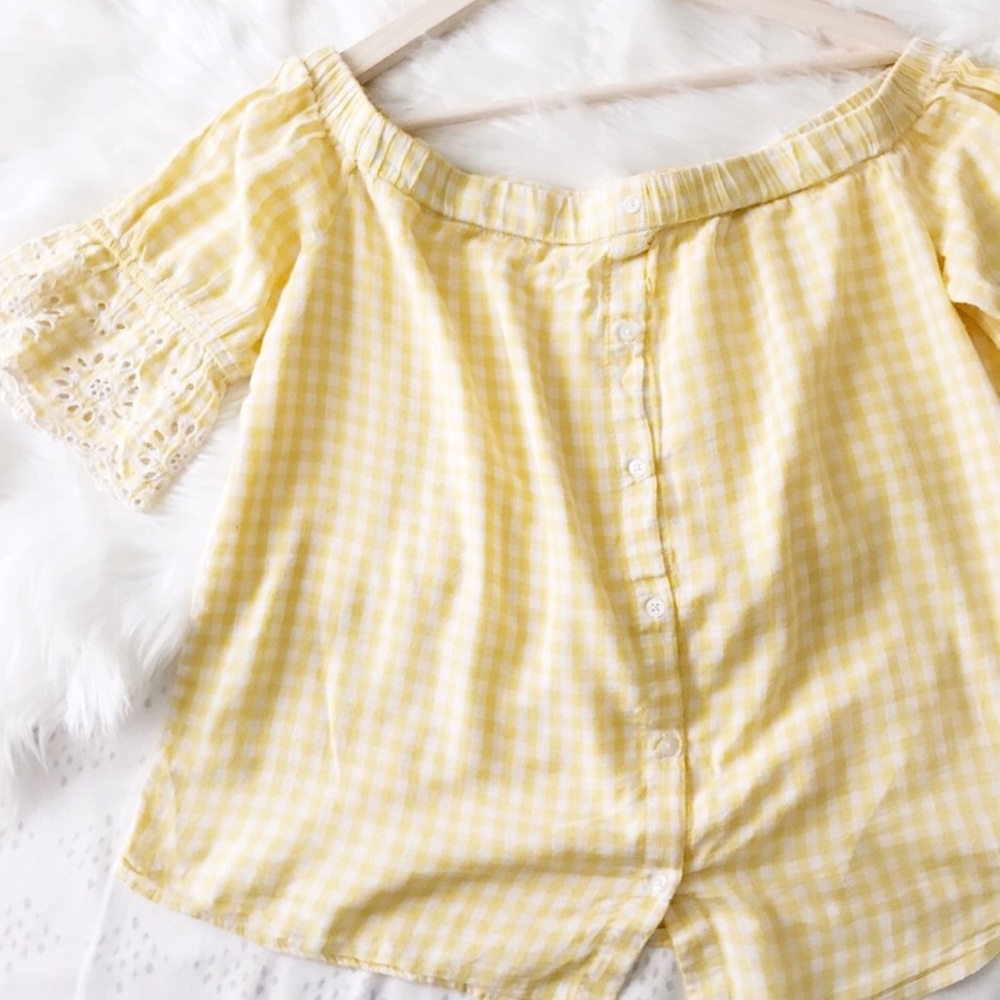 Checkered Button Down Bardot Top